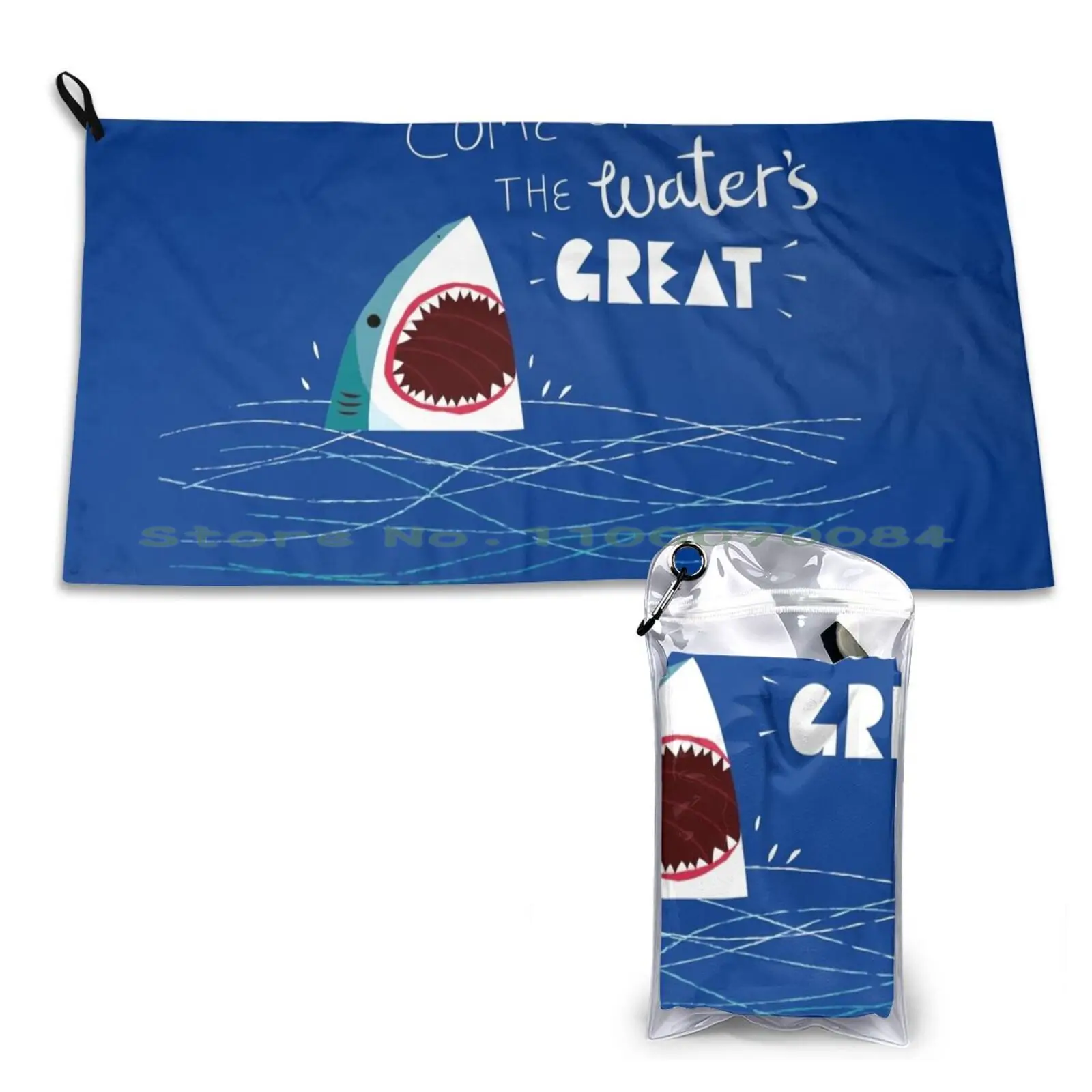 Gym Sports Bath Portable Shark Funny Sea Typography Jaws Cute Character Waves Ocean Great