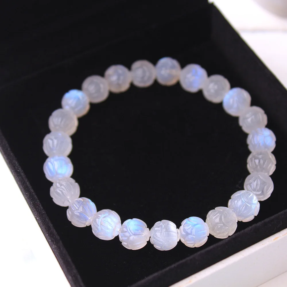 Natural Moonstone Blue Light Crystal Bracelet Clear Round Lotus Carved Beads 8mm 9mm Women Men Healing Moonstone Stone AAAAA