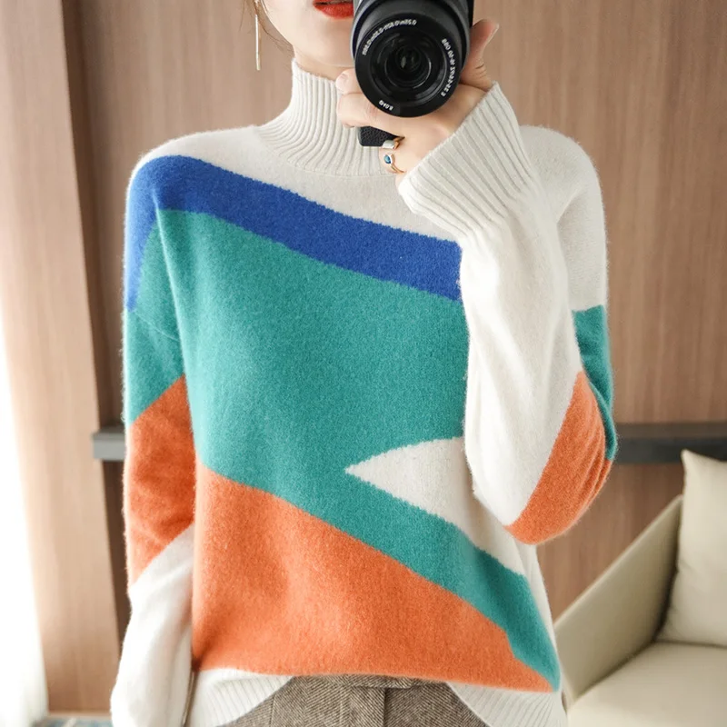 

Lafarvie Autumn Winter Sweater Women Tops Patchwork Turtleneck Female Pullover Fashion Warm Plus Sized Quality Sweater Women XXL