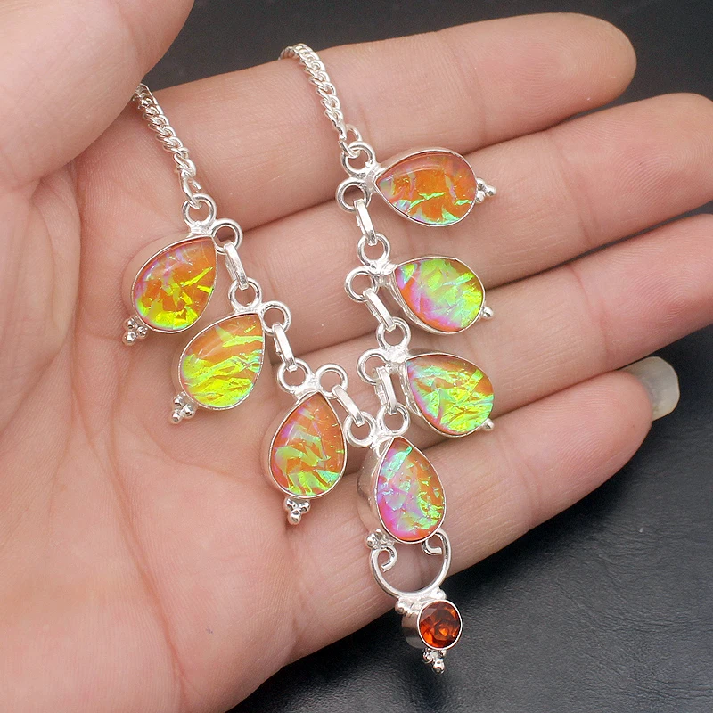 

Teardrop Lovely Dichroic Glass 925 Sterling Silver Color Charms Gifts Pendant Necklace 17 Inch H454