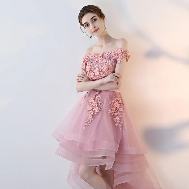 

Off Shoulder Short Flowers Appliques Pink Tulle Graduation Homecoming Dresses High Low Asymmetrical Party Cocktail Dress 2020