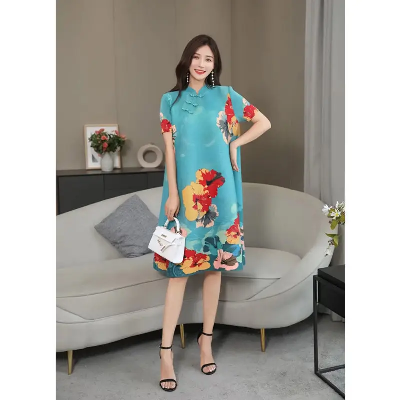 

Women dress Vintage flag collar pleated dress 2021 summer new Chinese style print loose large size A word dress clothing tops