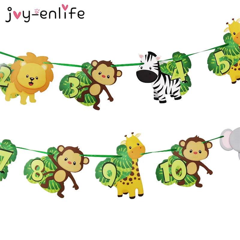 

1set Animal Photo Banner Happy Birthday 12 Month Banner Party Baby Shower First Birthday Decoration Jungle Safari Party Theme