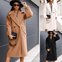 2021 women lapel solid color long woolen coat winter double breasted elegant casual warm coat long sleeve chic pocket outerwear
