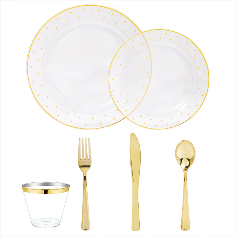 

60pcs/lot Bronzing gold Dot plastic party disposable party tableware for Birthday party and wedding party decoration
