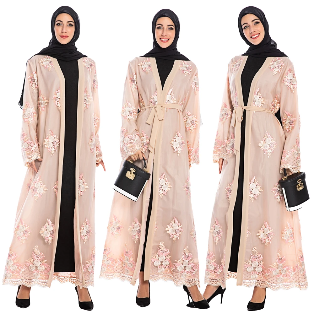 Женское длинное платье с вышивкой Дубай, абайя, открытый кардиган, кафтан, женское мусульманское кимоно с кружевом, длинное платье в арабско...