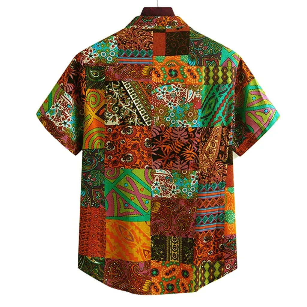 Men Beach Hawaiian Shirts Colorful Summer Ethnic Style Print Vintage Short Sleeve Loose Buttons Shirt Рубашка Мужская Camisas |