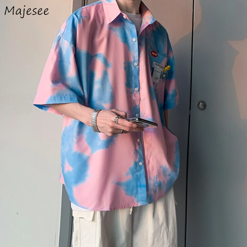 

Shirts Men Patchwork Flower Vintage Pockets Half Sleeves Korean Stylish Harajuku Draped Loose Fashion High Street Chic Beach New