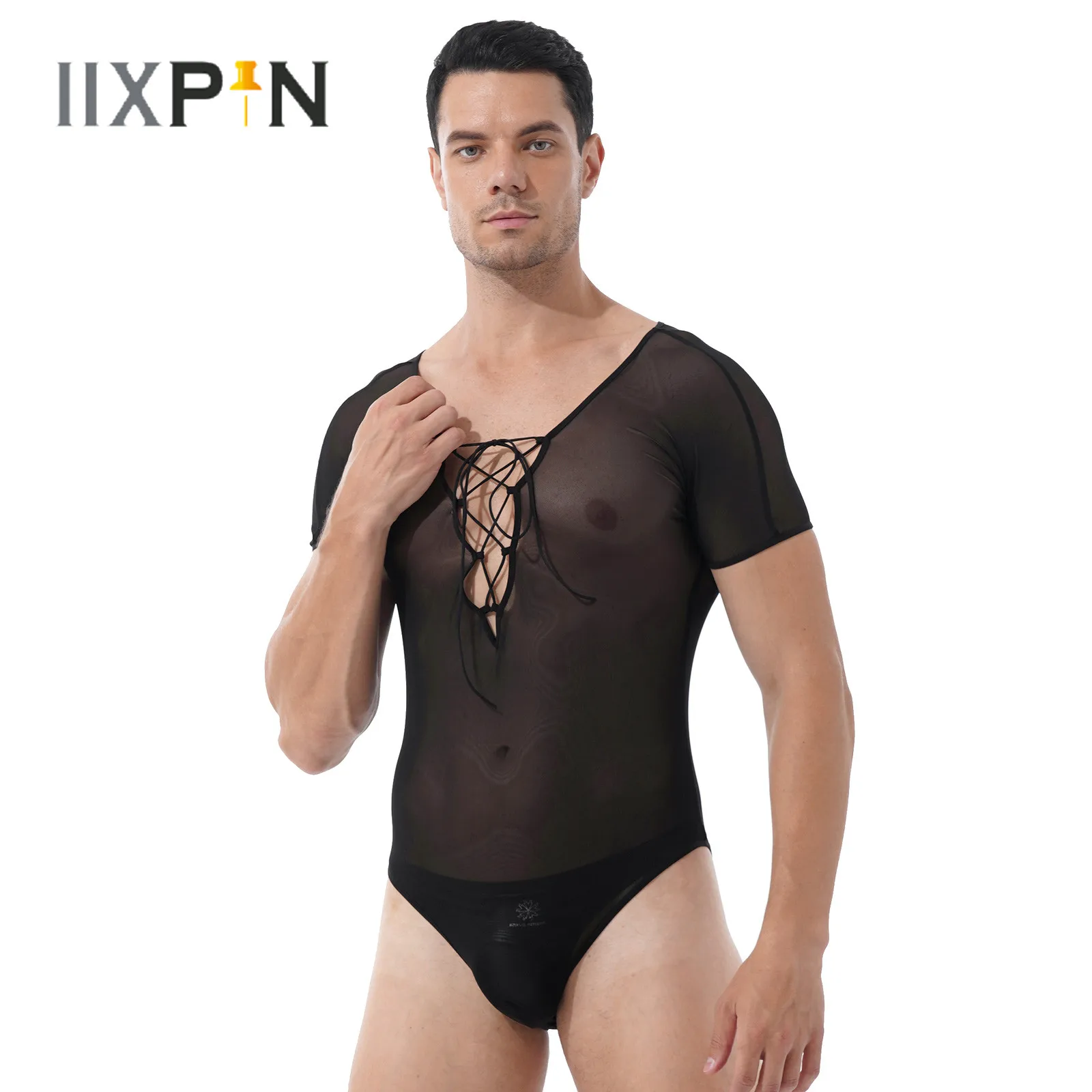 

Мужское экзотическое нижнее белье, трико, прозрачный сетчатый комбинезон с глубоким V-образным вырезом, прозрачный комбинезон с перекрестн...