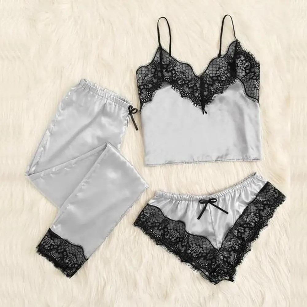 Сексуальная Женская пижама комплект из 3 предметов атласная шелковая Домашняя