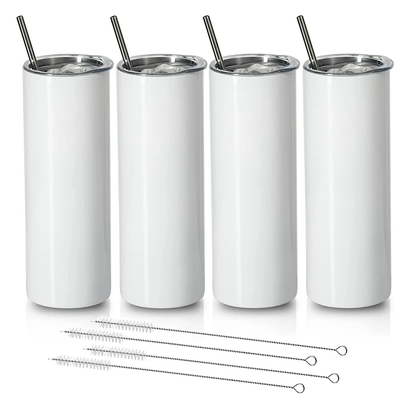 Vasos de sublimaci&oacute;n de 20 Oz, vaso pitillo recto, de acero inoxidable, con tapa y pajita, paquete de 4-0