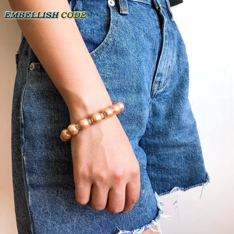 Elastic bracelet sea shell mother pearl Champagne color Luxury gold perfect round 12mm with 5.5mm Crystal Attractive fashion | Украшения и