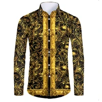 ujwi men hipster luxury black golden printed long sleeve dress shirt wedding night club hip hop party singer stage shirts 5xl