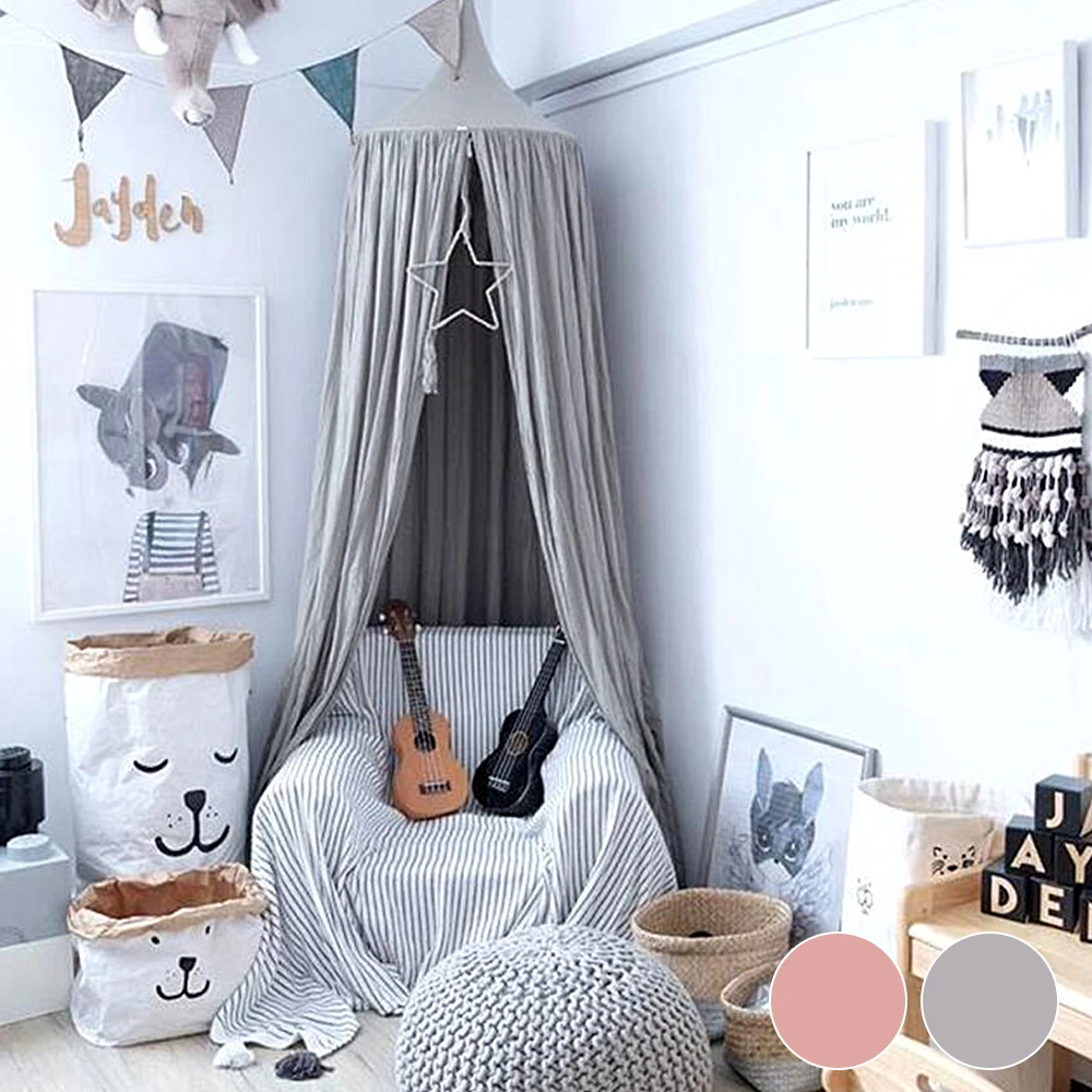 Розовый/серый хлопок детская кровать навес покрывало москитная сетка занавес
