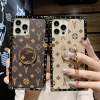fashion geometric leather square phone case for iphone 13pro max 12 11 xr xs max 7 8 plus vintage flowers ring holder soft cover
