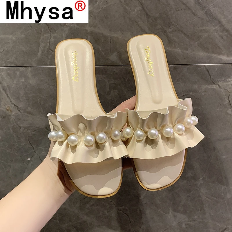 

2021 Summer Women's Sandal Outdoor Beach Light Open Toe Slippers Fashion Pearl Skirt Casual Flat Sandals Plus Size Zapatos Mujer