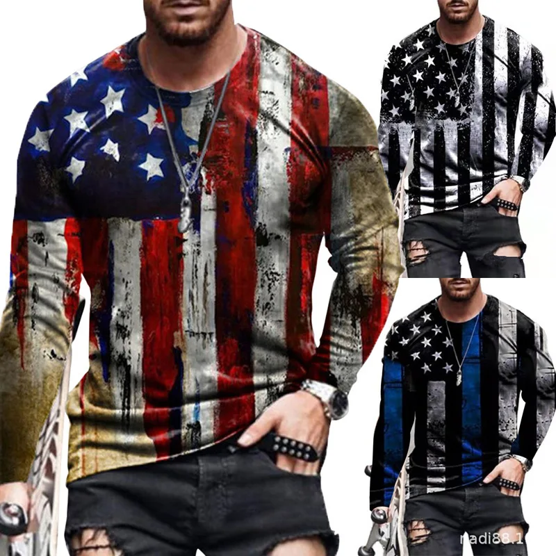 

3D Digital 2021 Hot Sale Casual Men's T-shirt Long Sleeve Shirt Printed Flag European and American Tops T Shirt For Men