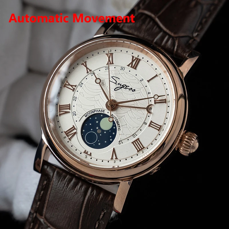 Роскошные автоматические механические мужские часы с Лунной фазой модные