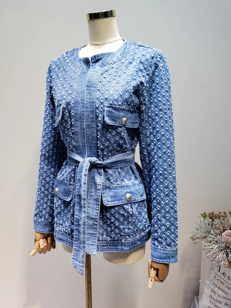 Женская джинсовая куртка с длинным рукавом круглым вырезом|Женские куртки| |