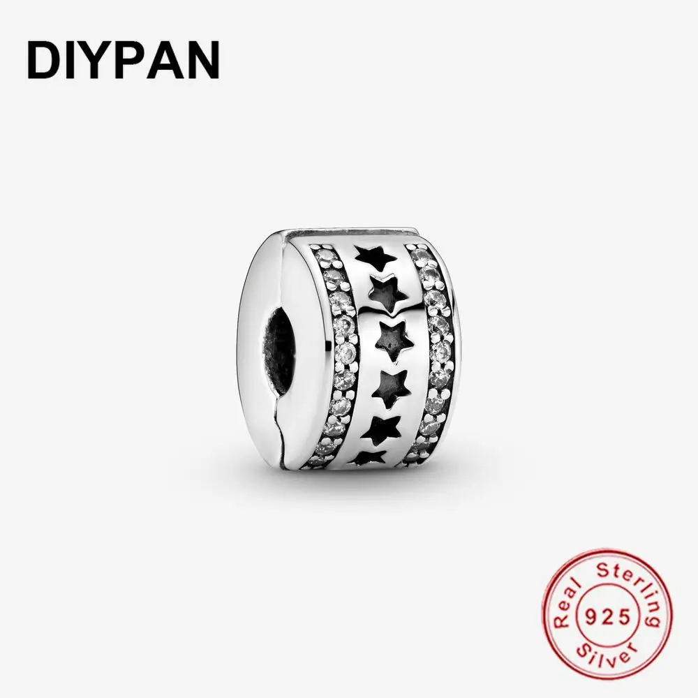 

Fit Original Pandora Charms Bracelets 925 Sterling Silver Row of Stars Clip Charm Charm Bead Bangle Women Jewelry