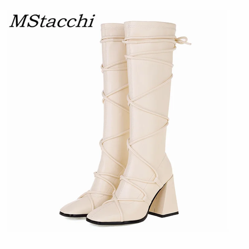 

MStacchi Women Square Toe Long Boots Crude Heel Plush Cross-tied Solid Color Outdoor Botas mujer Classics Chaussure Femme Hiver