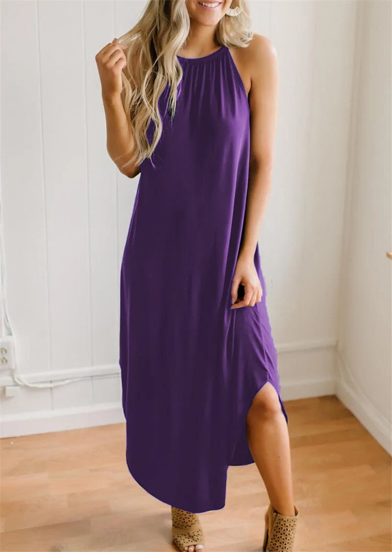 

Sexy Women Spaghetti Strap Dresses Summer Beach Casual Sleeveless Dress High Street Black Dress Lady O-Neck Loose Mid-Calf Dress