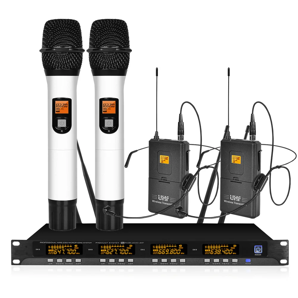 4-канальная Беспроводная микрофонная система UHF караоке беспроводной 2 ручной