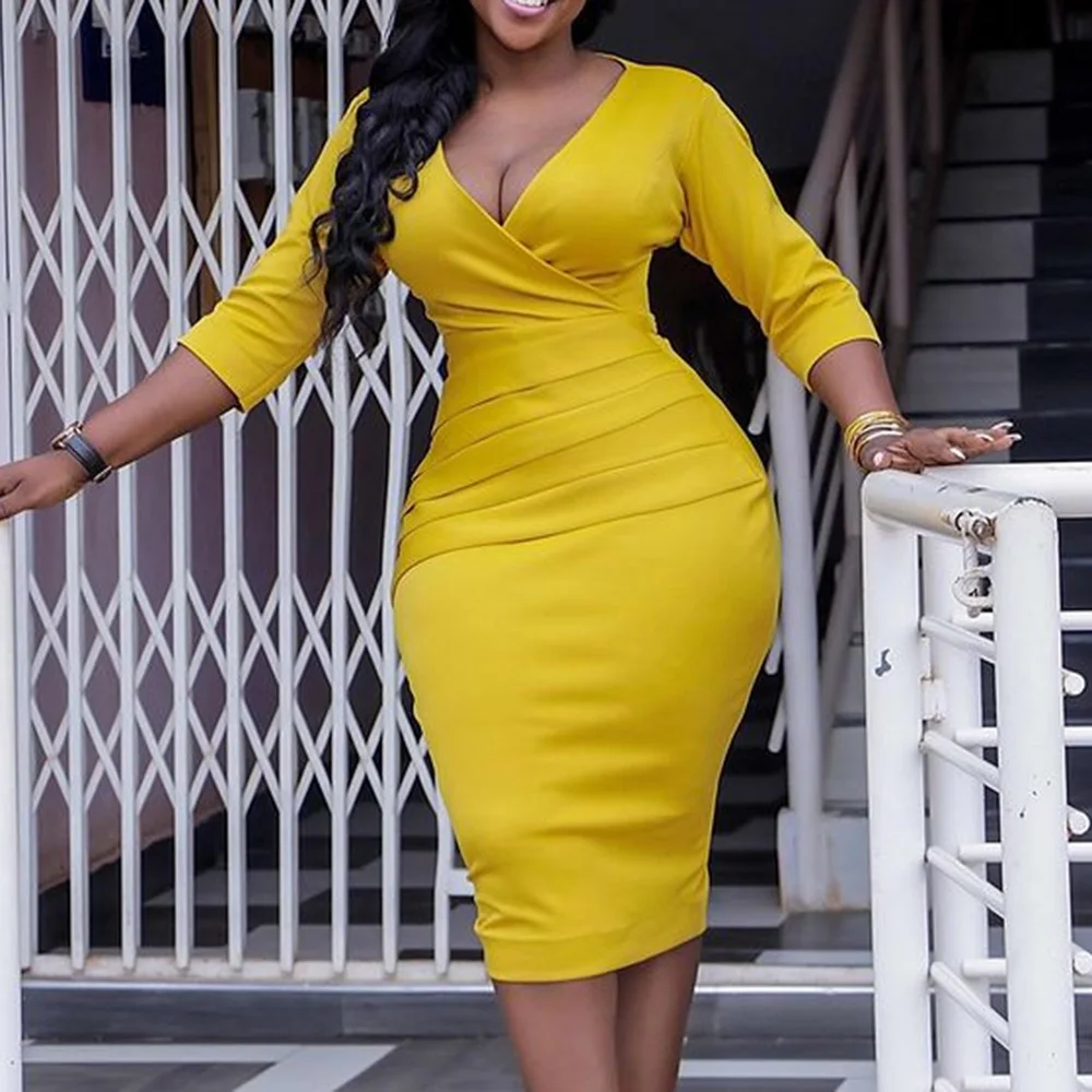 Vestido ceñido de talla grande para mujer, vestido amarillo con escote en V, estilo africano, informal, para fiesta de oficina, verano, 2021
