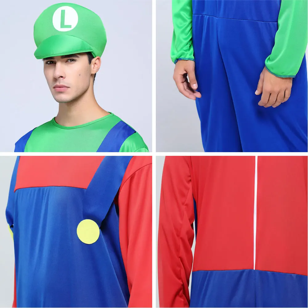 

Adult Men Super Mario Luigi Brothers Costume Cosplay Jumpsuit Hat Halloween Party Carnival Mardi Gras Fancy Dress