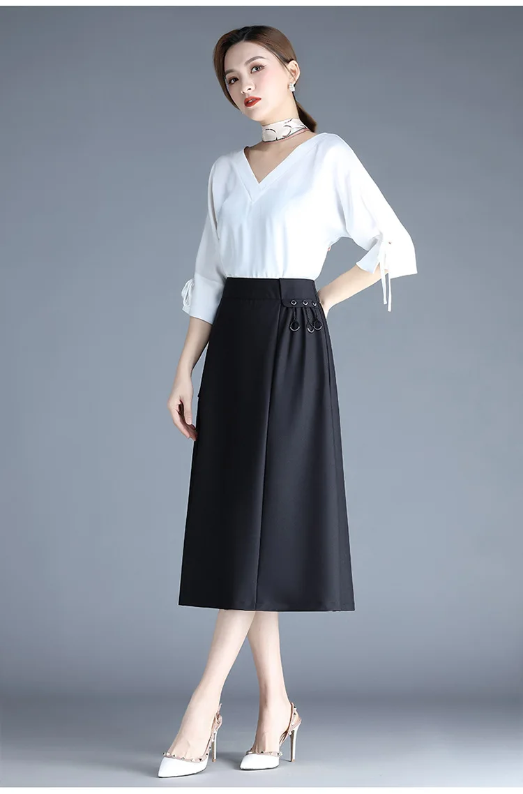 

Women Elastic High Waist Loose Big Swing Casual Mid-long Black A-line Skirt Office Lady Elegant Plus Size 4XL Summer Spring 6267
