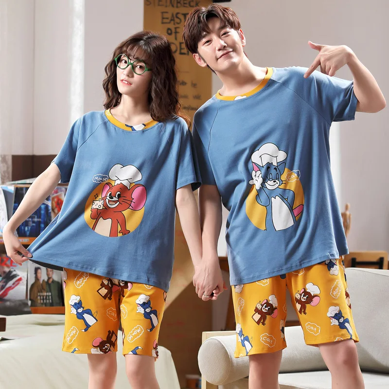 

2021 New Cotton Sleepwear For Women Couple Cartoon Nightwear Short Sleeve Pajamas Set Summer Lovers Home Clothing Men's Homewear