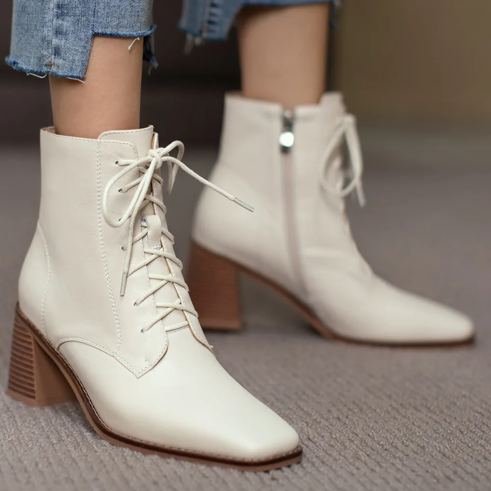 

Women's genuine leather thick high heel square toe lace-up autumn ankle boots high quality female soft comfort short boots shoes