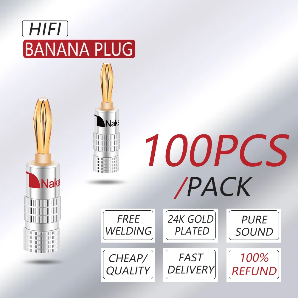 100Pcs/50Pairs High Quality New 24K Gold Nakamichi Speaker Banana Plugs For Video Connector Black Red Color |