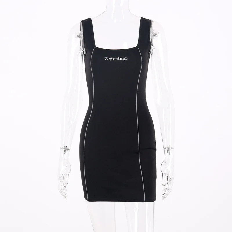 Reflective Stripe Dress Women Simple Solid Spaghetti Strap Dresses Letter Embroidered Mini Short Above Knee | Женская одежда