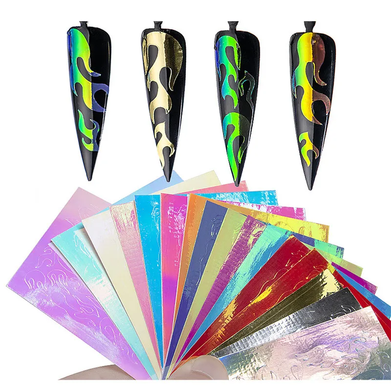 Наклейка для ногтей клейкие наклейки маникюра голографическая огненная полая