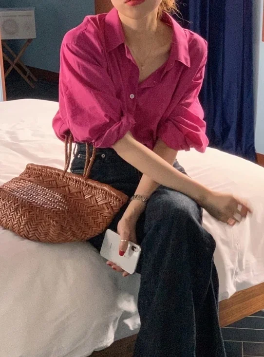 

Оригинальная Осенняя новая однотонная Повседневная Свободная рубашка в Корейском стиле Han Dongdaemun с длинным рукавом для женщин Jum