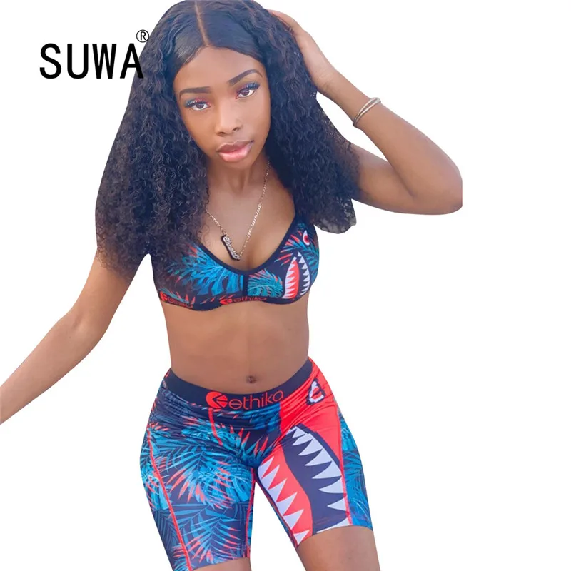 

2020 women fashion simple solid u neck print vet and hot shorts 2 pieces set high street lady fashion outfits