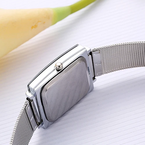 

Men Women Fashion Rectangle Dial Stainless Steel Net Strap Quartz Wrist Watch