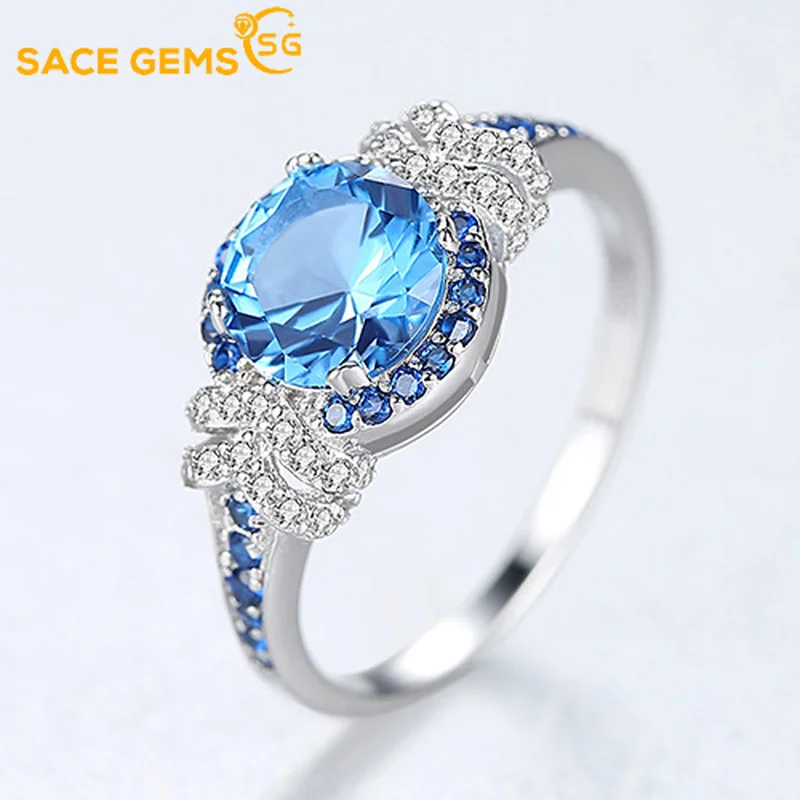 

SACE GEMS 100% 925 Sterling Silver 10*10mm Aquamarine Paraiba High Carbon Diamond Rings for Women Sparkling Wedding Fine Jewelry