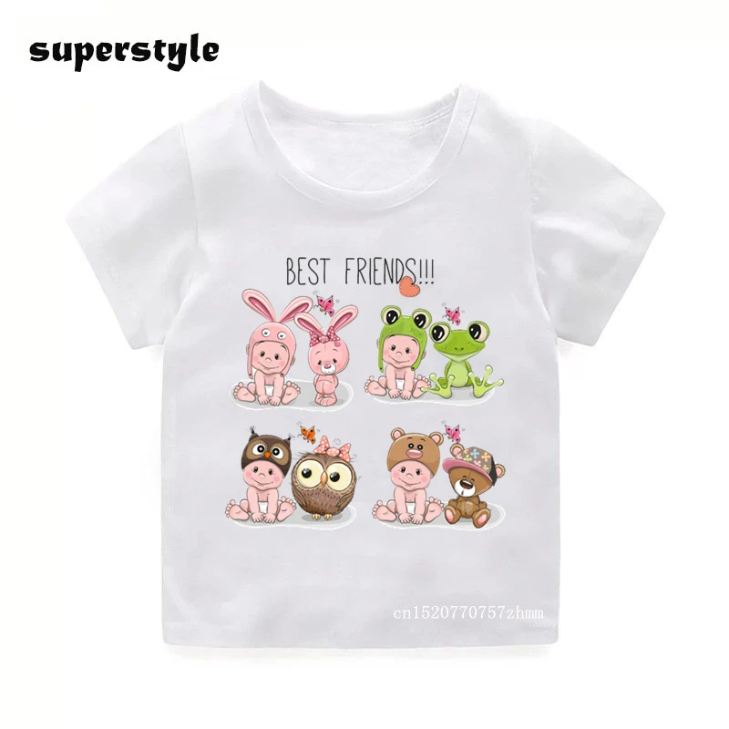 

Детская футболка с милым принтом животных, Забавные топы для девочек с милым мультяшным котом/жирафом/Кроликом, белая футболка с круглым вы...