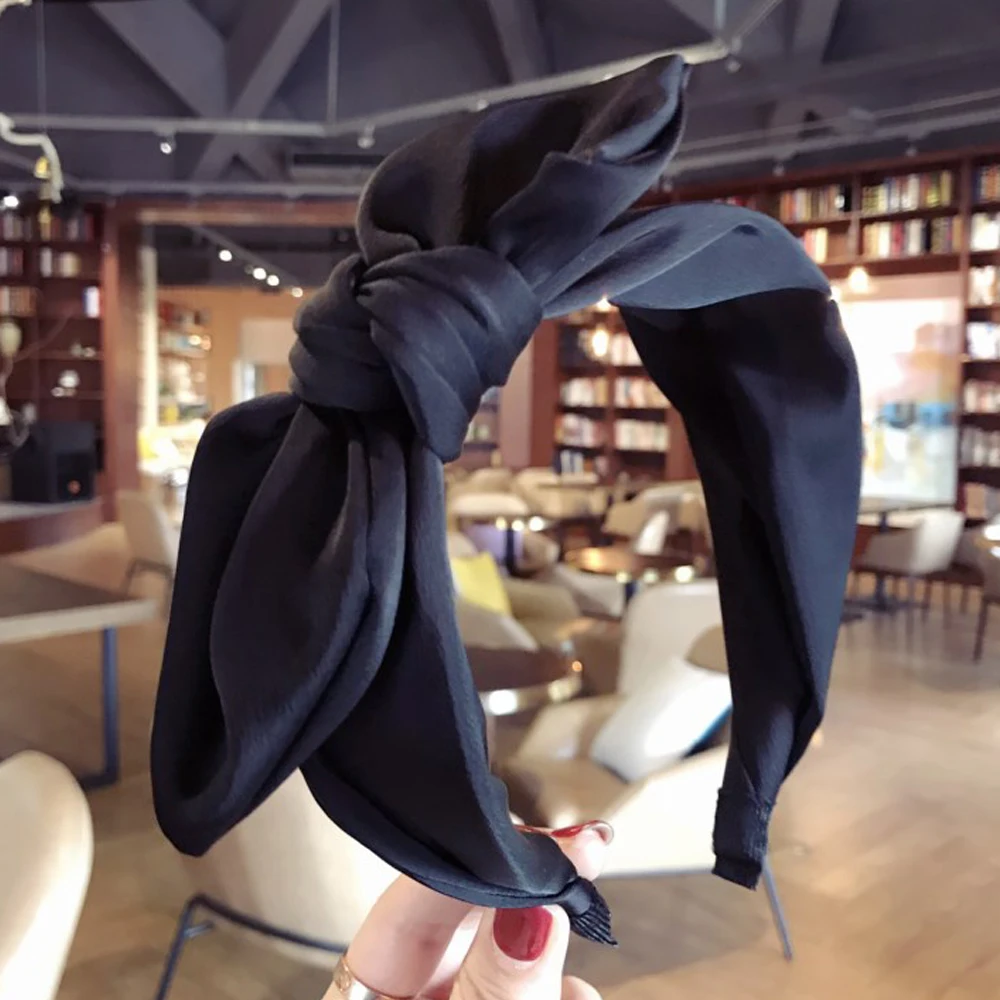 Повязка на голову женская с большим бантом тканевый широкий ободок контрастных