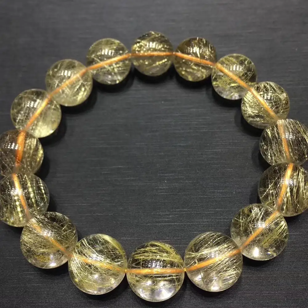 

13mm Natural Gold Rutilated Quratz Titanium Bracelet For Women Men Crystal Round Beads Brazil Gemstone Jewelry Strands AAAAA