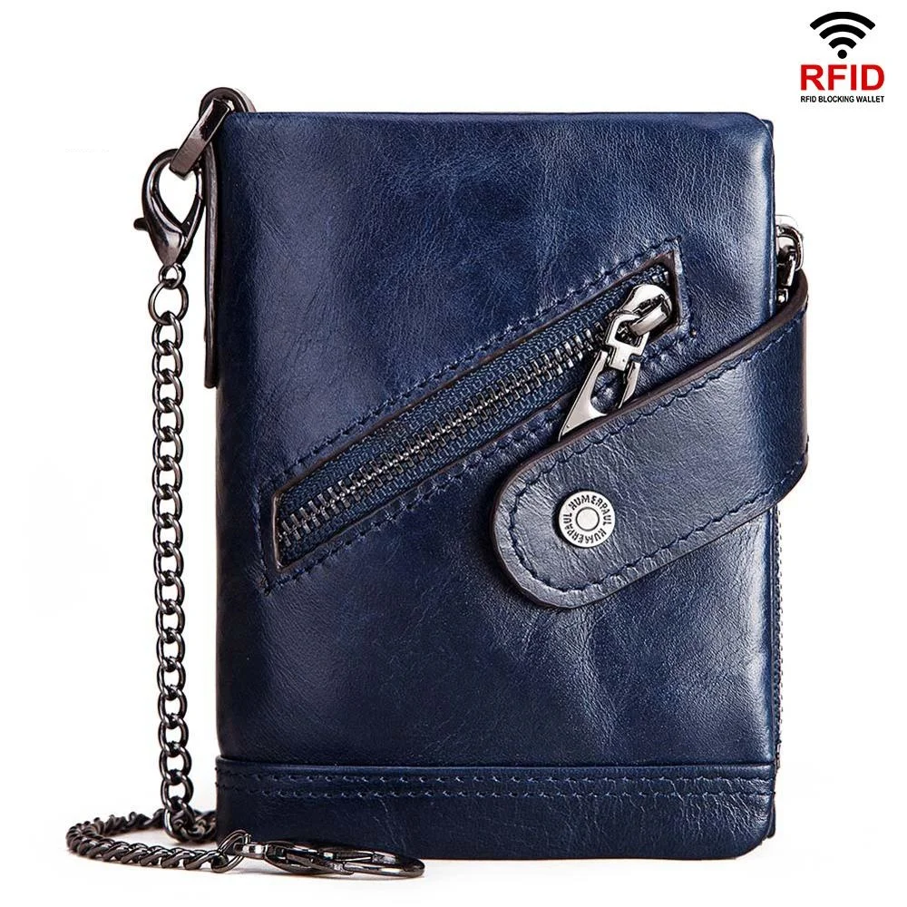 Короткий кошелек из натуральной кожи для мужчин бумажник с цепочкой защитой от