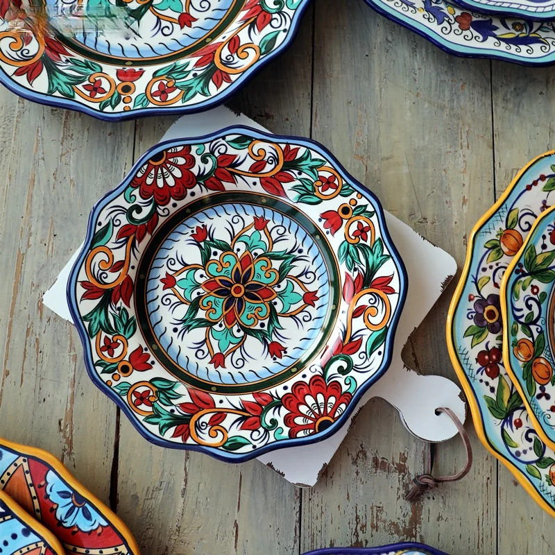 

1Pcs Bohemian style hand-painted ceramic plate delicate flower tableware western steak salad dessert cake sushi decorative