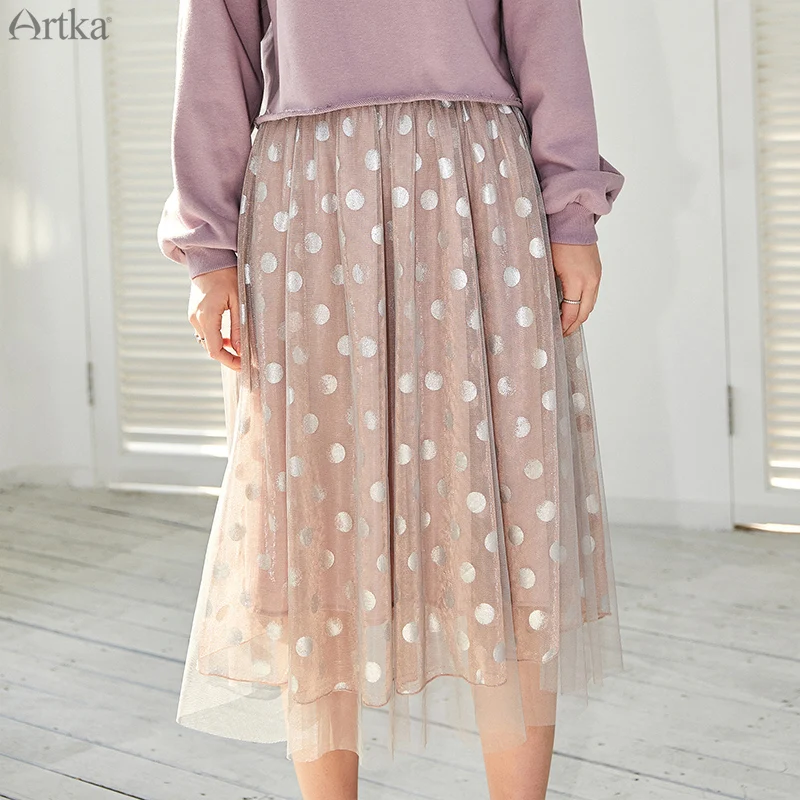 Женская винтажная юбка в горошек ARTKA элегантная сетчатая длинная с поясом на