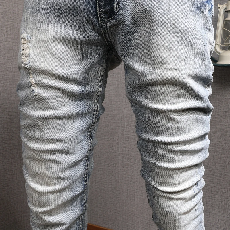European Vintage Fashion Men Jeans Retro Light Blue Elastic Slim Ripped Jeans Men Embroidery Designer Korean Casual Denim Pants