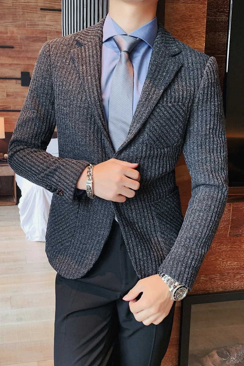 

Knitting Men's 2021 Blazer Masculino Solid Color Suit Jacket Streetwear Social British Style Casual Business Dress Coat Terno