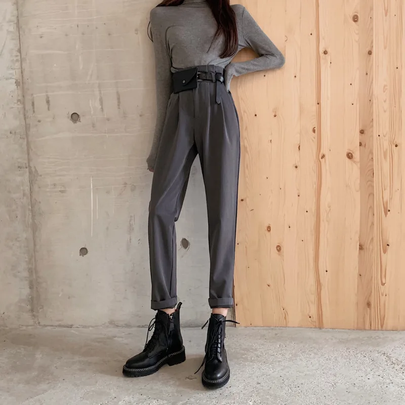 Элегантные офисные брюки с высокой талией прямые для женщин черные серые работы