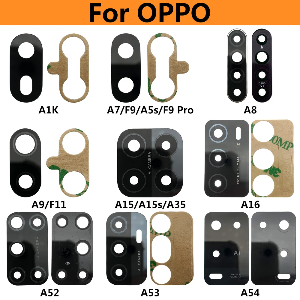 

2 шт., Оригинальный стеклянный объектив задней камеры с клеем для Oppo A1k A5S A8 A9 A15 A16 A52 A53 A54 A74 A93 Realme 5 6 C3 C11 Reno Z6