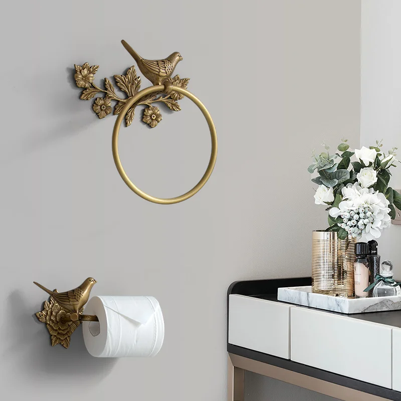 antique brass 1 pcs bath towel set bird towel ring carved toilet paper holder creative towel bar 18 inch bathroom accessories free global shipping